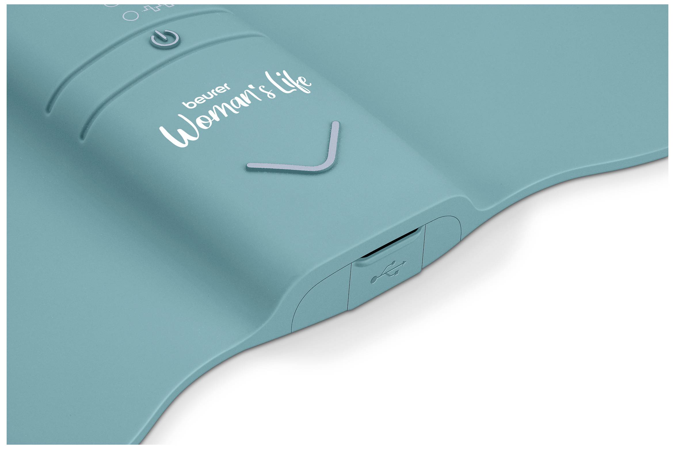 Teal-farbener Rücken-Gürtel mit der Aufschrift 'Beurer Woman's Life'. Zeigt USB-Anschluss auf der Vorderseite.