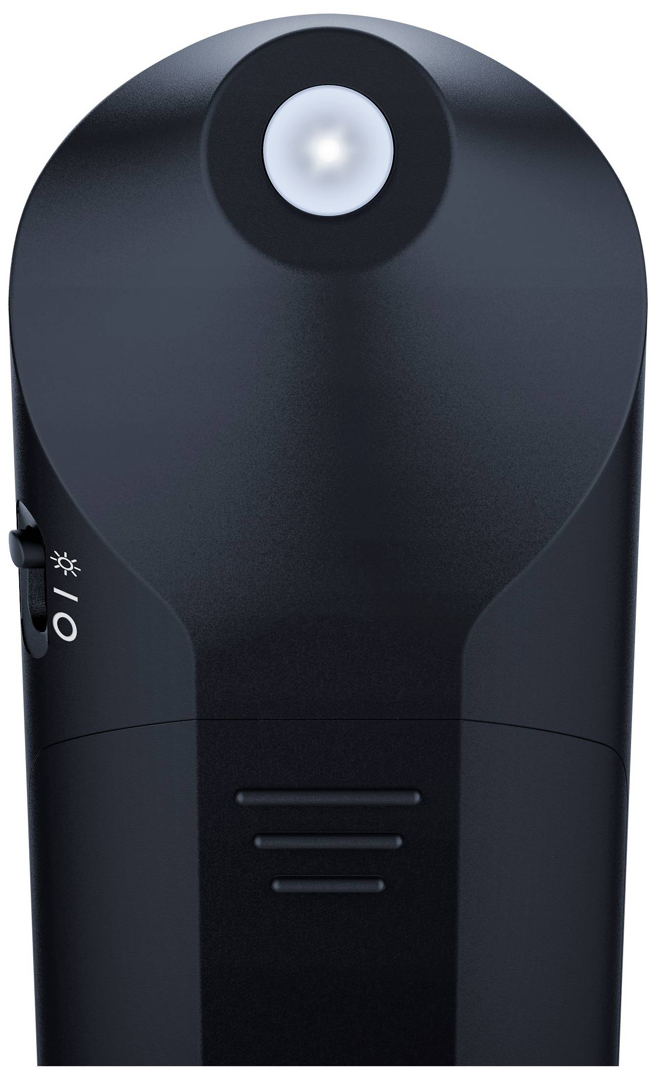 Elektrisches Gerät mit rundem Knopf oben und Netzschalter an der Seite. Schwarz, schlichtes Design.