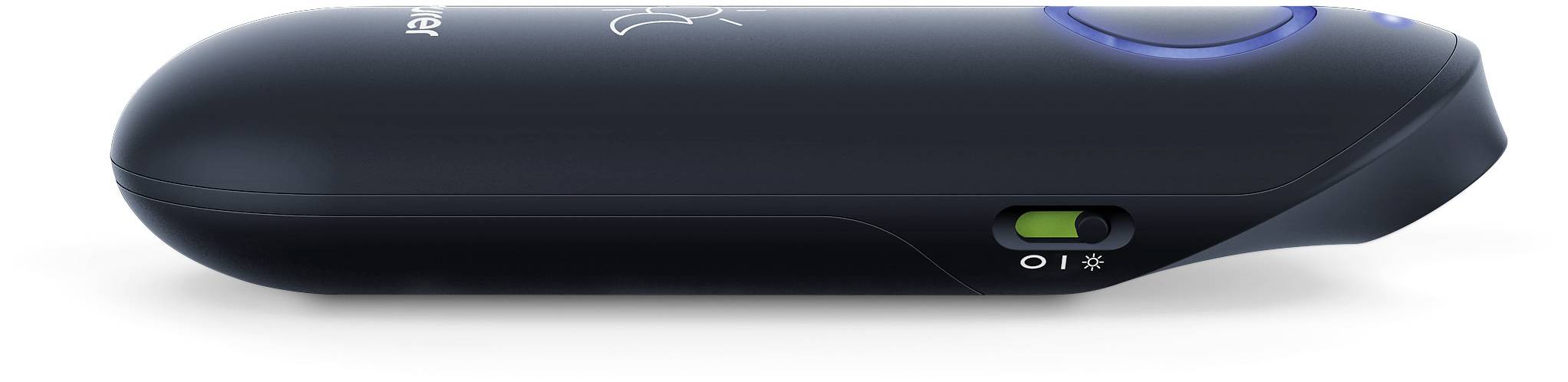 Schwarzes, flaches elektronisches Gerät mit einem Schiebeschalter, der auf 'Ein' steht. Oben ein blauer Beleuchtungsring.