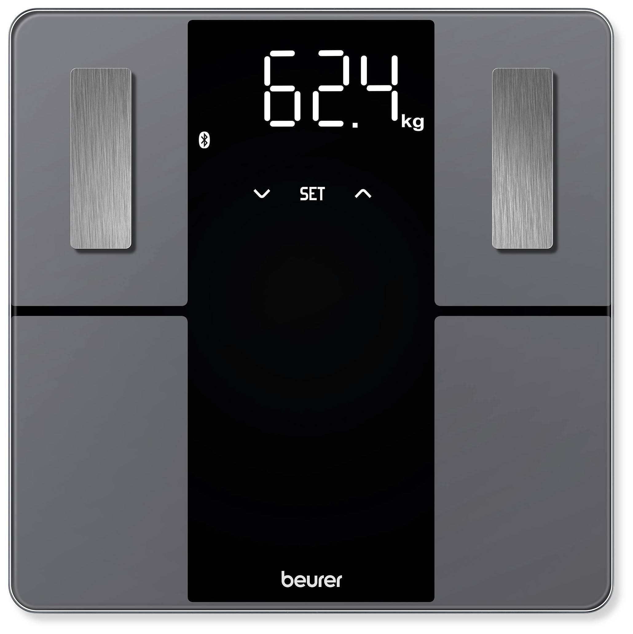 Digitale Waage zeigt ein Gewicht von 62,4 kg an. Display mit "SET"-Taste, silberne Steuerelemente an den Seiten, Markenname unten.