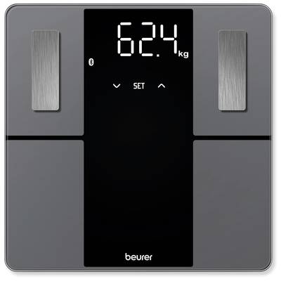 Digitale Waage zeigt ein Gewicht von 62,4 kg an. Display mit "SET"-Taste, silberne Steuerelemente an den Seiten, Markenname unten.