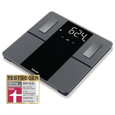 Waage von Beurer mit digitaler Anzeige, Testnote 'Gut (2,2)' von Stiftung Warentest, Ausgabe 9/24 als Testsieger bewertet.