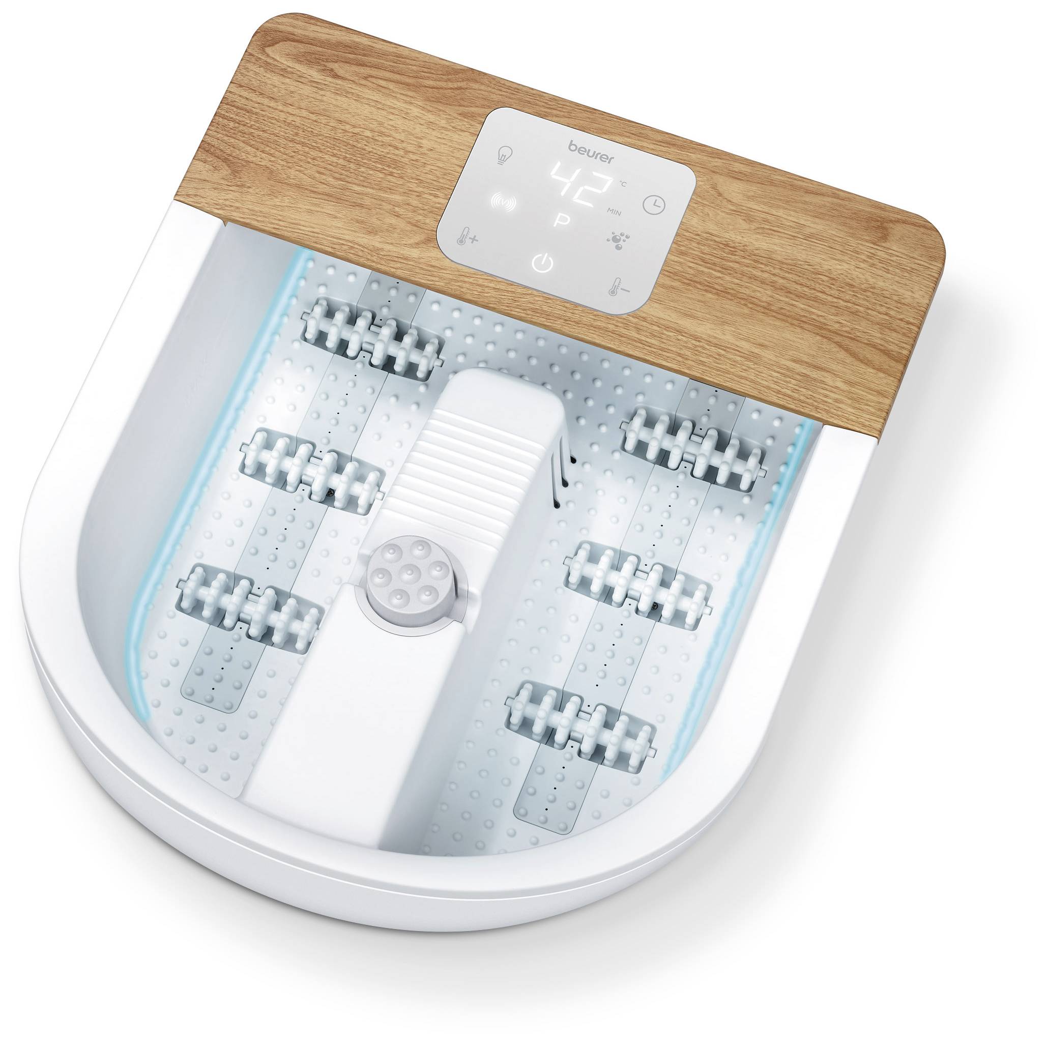 Fußmassagegerät mit Holzoptik, digitalem Display und Massagerollen. Das Display zeigt '42' an, möglicherweise die Temperatur.
