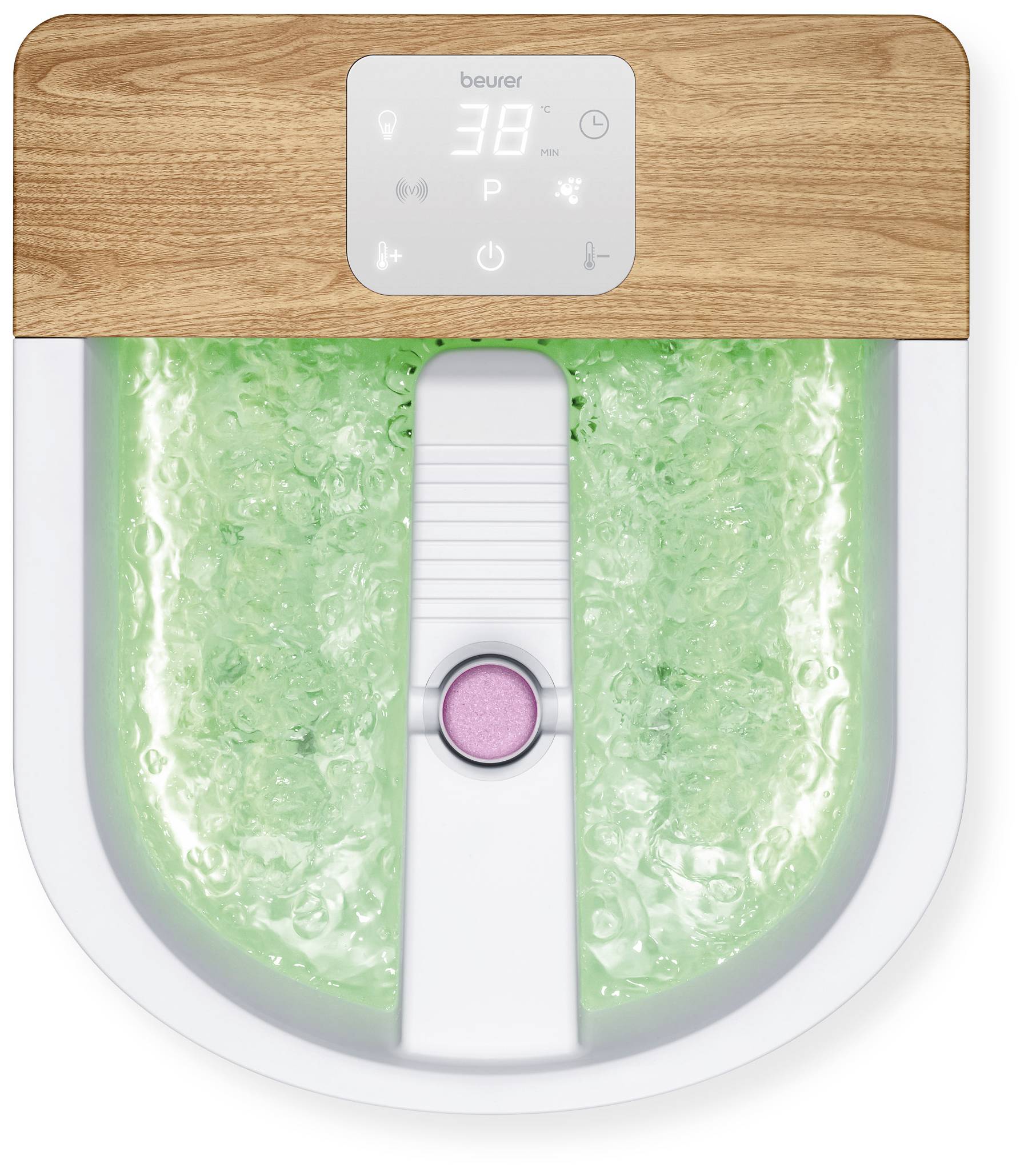 Fußbad-Massagegerät mit Holzeffekt, grünen sprudelnden Blasen und einem digitalen Display, das '38' anzeigt.