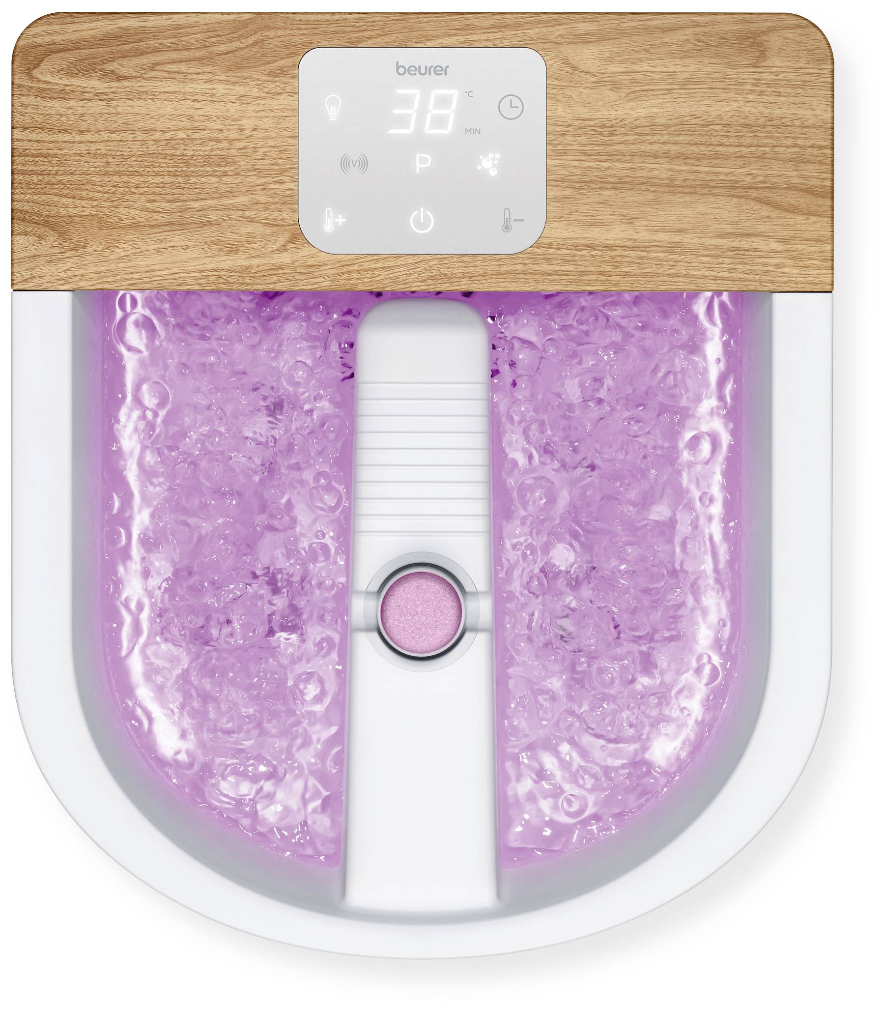 Fußsprudelbad mit rosa Wasser und einer Digitalanzeige, die 38 Grad zeigt. Oberer Rand in Holzoptik, Gerät mit Sprudel- und Massagefunktion.