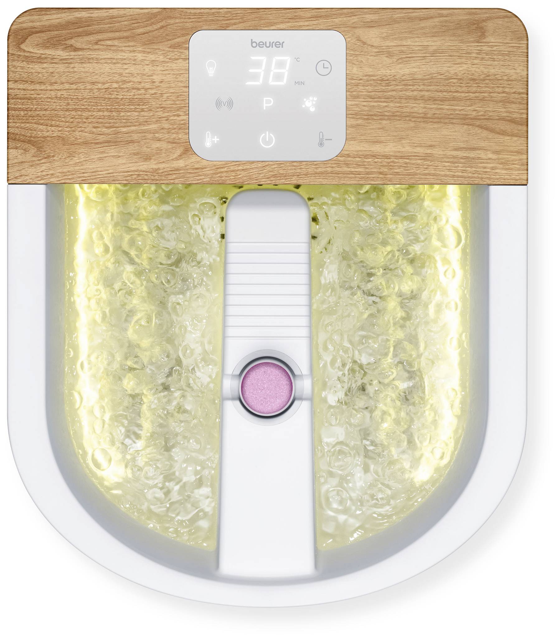 Fußmassagegerät mit Holzeffekt-Design, digitaler Anzeige zeigt '38' an. Wasser sprudelt im Fußbecken.