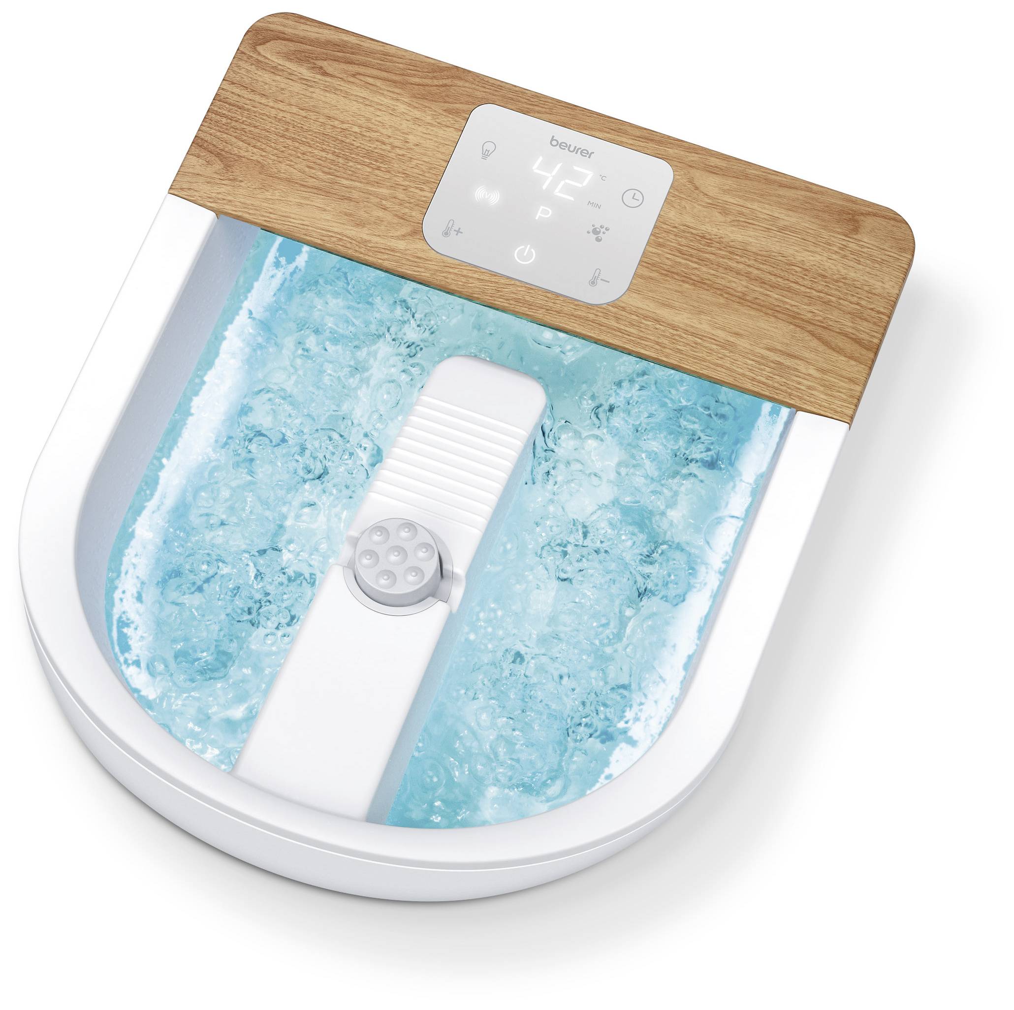 Fußsprudelbad mit digitalem Display zeigt '42°C'. Holzoptik-Design mit Wasserbläschen und Massagefunktion. Entspannungsgerät.
