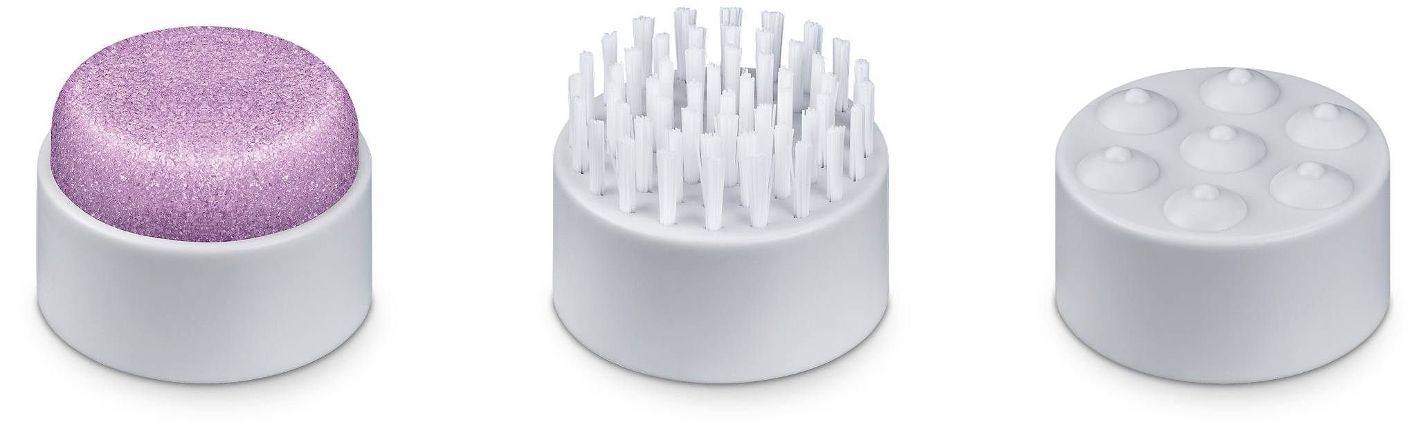 Drei weiße Massageaufsätze: links rosa Abdeckung, Mitte weiße Borsten, rechts Noppenstruktur. Klein, rund, für Körpermassage geeignet.