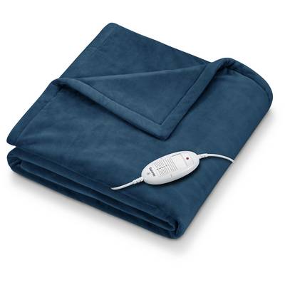Dunkelblaue Heizdecke aus weichem Stoff, mit einem angeschlossenen weißen Steuergerät.