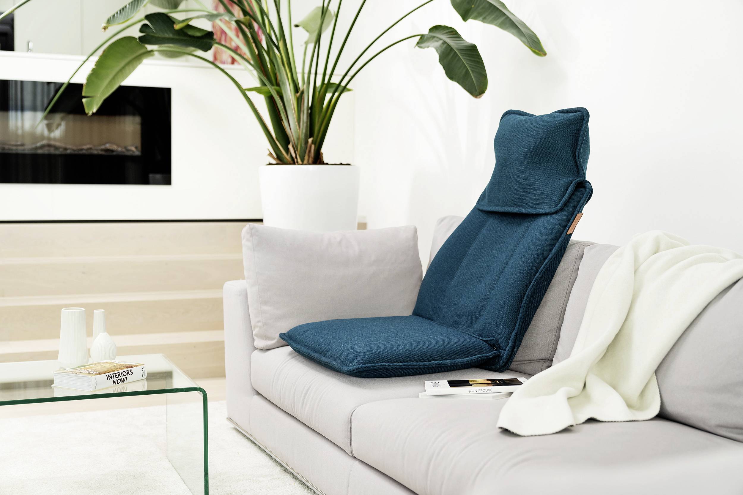 Eine bequeme, blaue Polsterauflage liegt auf einem modernen Sofa. Im Hintergrund eine große Pflanze in einem hellen Raum.