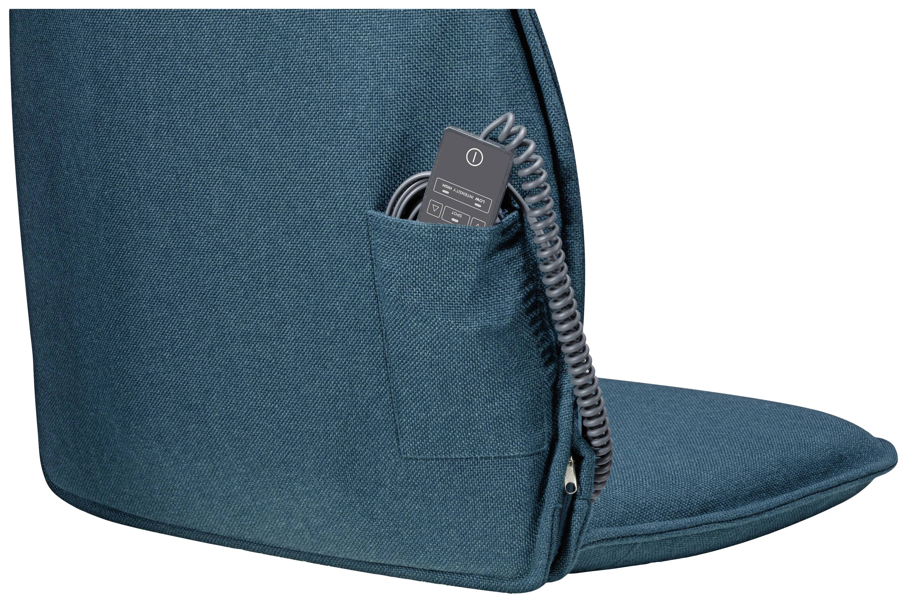 Eine dunkelgrüne ergonomische Sitzunterlage mit einer Fernbedienung in der Seitentasche. Ideal für Komfort und Unterstützung.