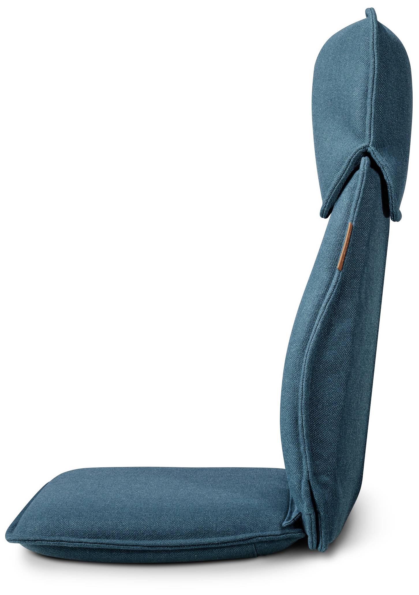 Ein ergonomisches, türkisfarbenes Sitzkissen mit hoher Rückenlehne und Kopfstütze, ideal für eine komfortable Sitzhaltung.