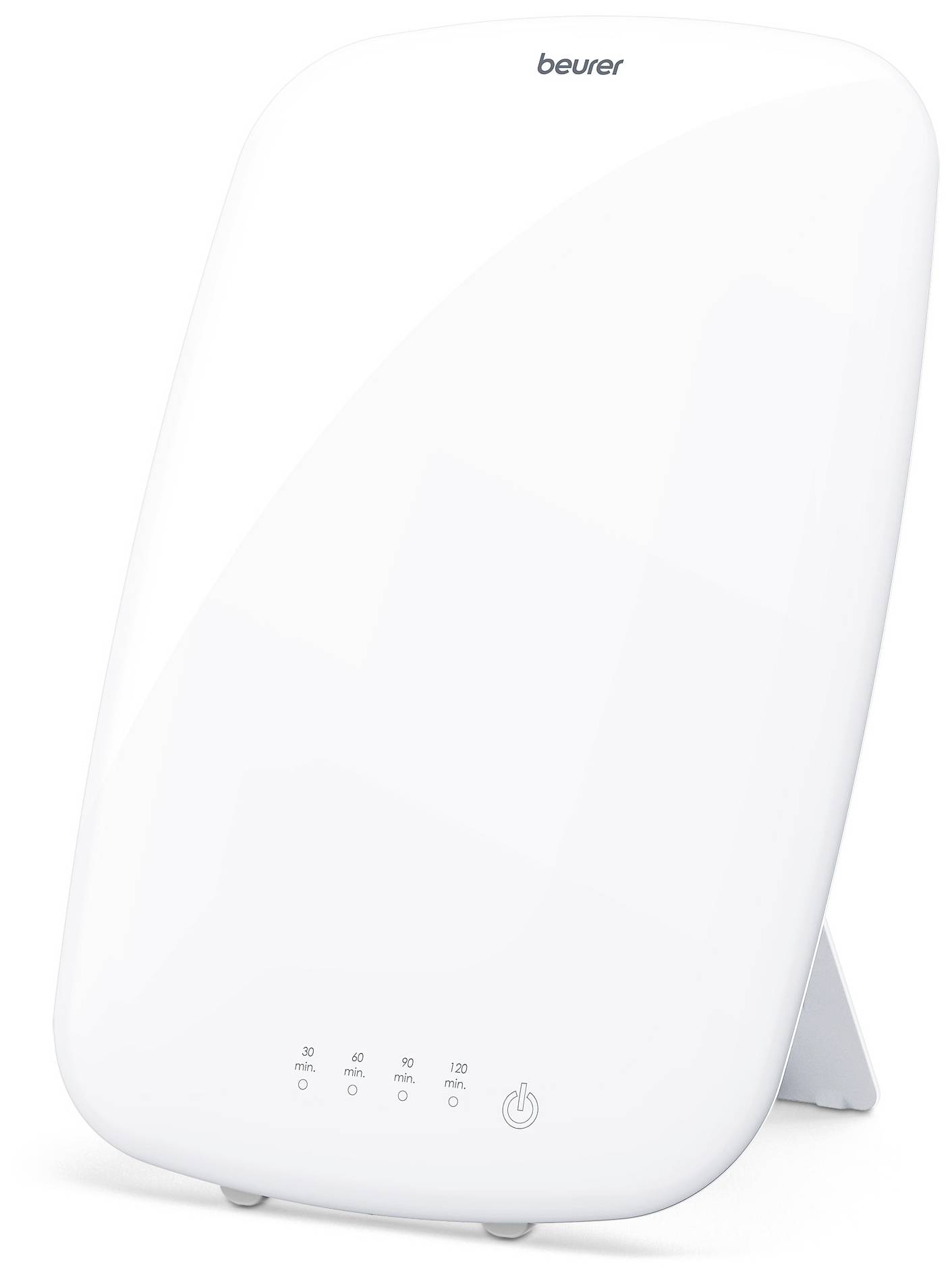 Lampe mit weißem Gehäuse, schräg nach hinten geneigt. Untere Kante zeigt verschiedene Zeit- und Helligkeitsstufen.