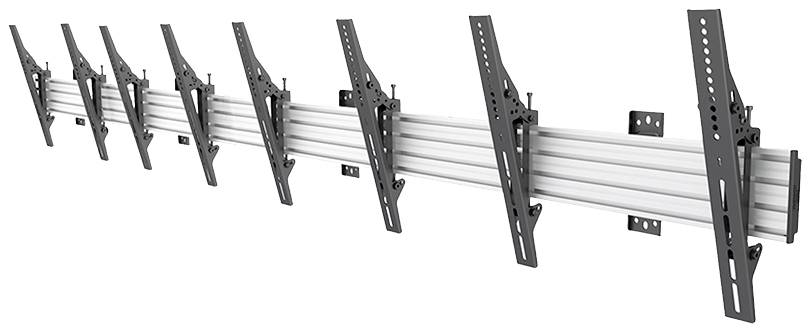 Eine Stützkonstruktion aus Metall mit mehreren Halterungen, vermutlich für Montagezwecke. Rechteckige Halterungen sind in gleichmäßigen Abständen an einem länglichen Metallträger befestigt.