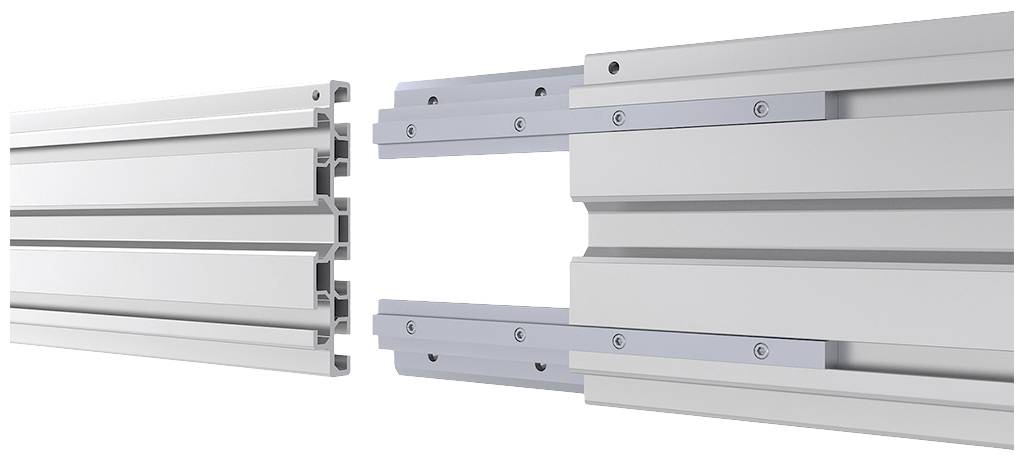 Zwei Aluminium-Profilschienen sind miteinander verbunden; links ist das Profil offen, rechts sind zwei Linearschienen sichtbar.