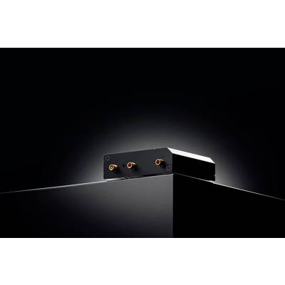 Ein schwarzes, rechteckiges elektronisches Gerät mit goldfarbenen Anschlüssen auf einer glänzenden schwarzen Oberfläche vor dunklem Hintergrund.