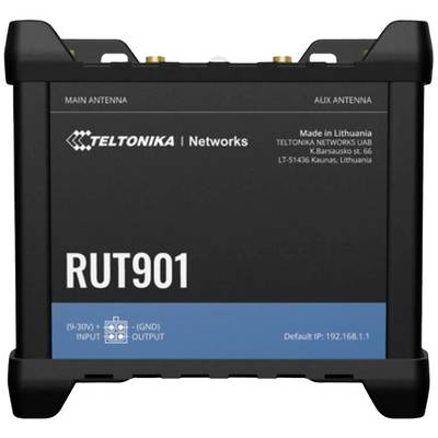 Schwarzer RUT901 Router von Teltonika mit zwei Antennenanschlüssen. Aufdruck zeigt Herstellerinformationen und Standard-IP-Adresse.