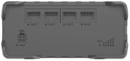 Rückseite eines Routers mit Anschlüssen für LAN1, LAN2, LAN3, WAN und einen Netzanschluss (PWR). Rechts befindet sich das WLAN-Signalstärke-Symbol.