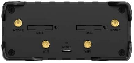 Rückansicht eines Geräts mit zwei SIM-Steckplätzen (SIM1, SIM2) und vier Anschlüssen: zwei 'MOBILE', zwei 'WIFI', 'RESET'-Taste in der Mitte.