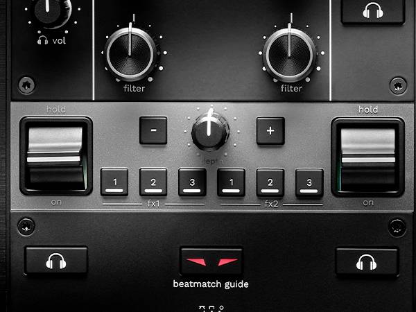 Bedienfeld eines DJ-Mixers mit Drehreglern für Lautstärke und Filter. Schieberegler und Tasten für Effekte und Beatmatching-Anzeige.