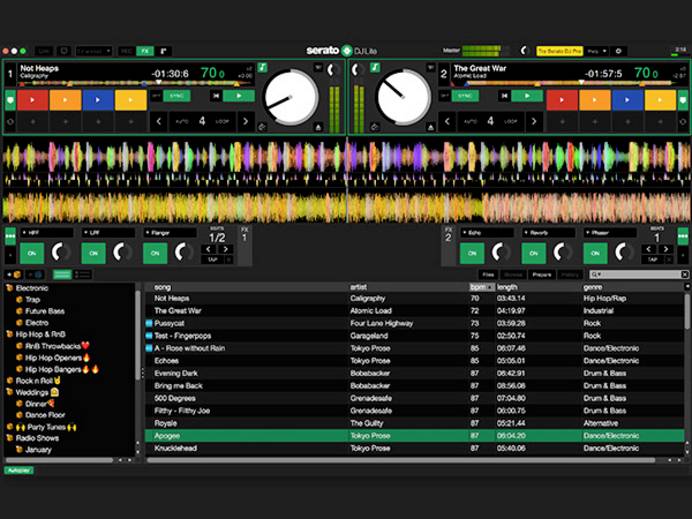 Software-Oberfläche von Serato. Ansicht einer Tracklist mit verschiedenen Amplituden und anderen Einstellungsmöglichkeiten.