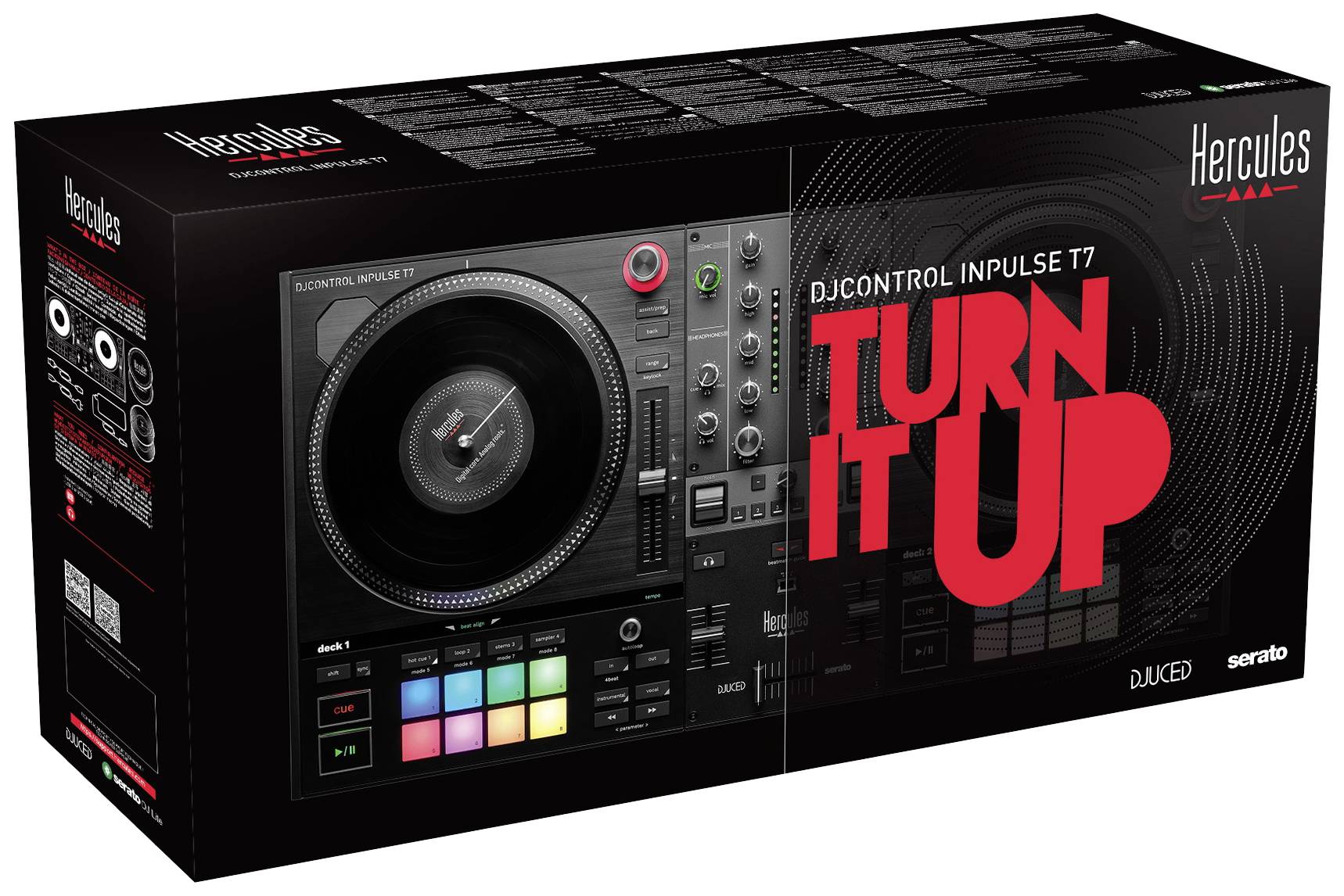 Die Verpackung zeigt den DJ-Controller 'Hercules DJControl Inpulse T7' mit farbigen Tasten und dem Slogan 'Turn It Up' auf der Vorderseite.