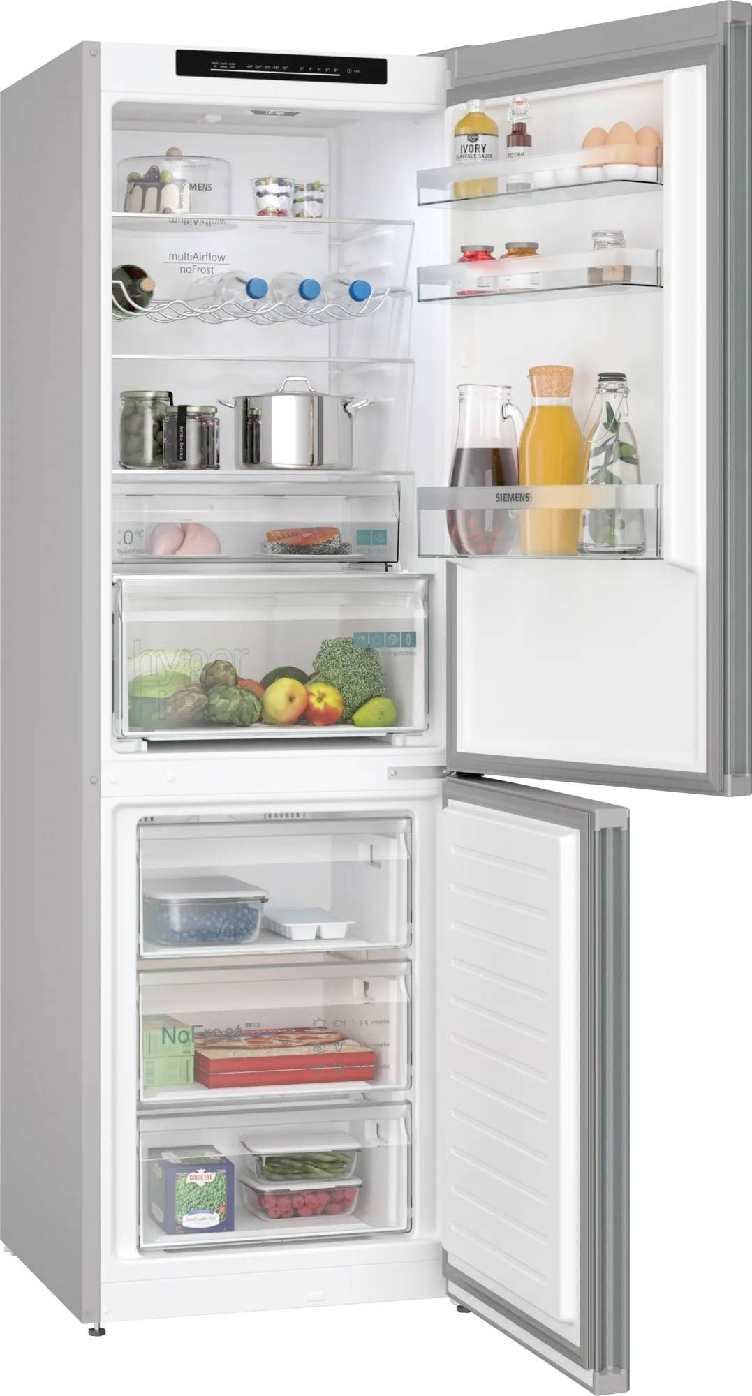 Ein offener Kühlschrank mit Lebensmitteln: oben Getränke, Milchprodukte und Soßen; in der Mitte Gemüse und Früchte; unten Tiefkühlprodukte.