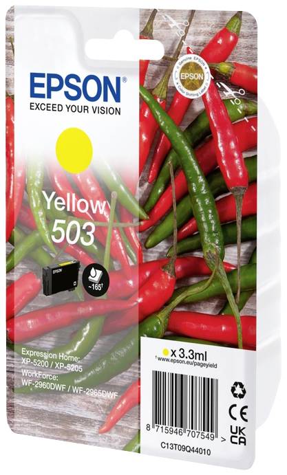 'EPSON Yellow 503 Tintenpatrone' Verpackung zeigt rote und grüne Chilischoten als Hintergrund. Kompatibel mit XP-5200/XP-5205 Druckern.