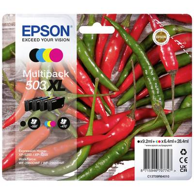 Verpackung mit multipack 503 XL Tintenpatronen für Epson-Drucker, zeigt rote und grüne Chilischoten im Hintergrund.