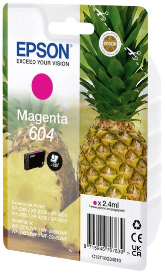 'Tintenpatrone Epson Magenta 604, passend für verschiedene Modelle. Verpackung zeigt Ananas als Dekor.'