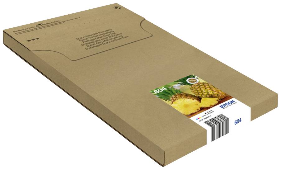 Rechteckiges, flaches, braunes Paket mit einem Etikett, das eine Ananas zeigt. Auf dem Etikett steht '604' und ein Barcode ist sichtbar.