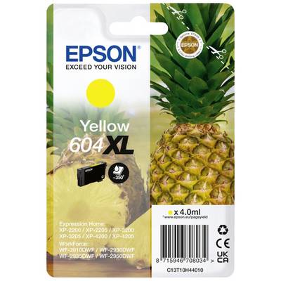 'Druckerpatrone Epson 604XL in Gelb, abgebildet neben einer Ananas. Kompatibel mit verschiedenen Expression Home und WorkForce Modellen.'