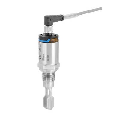 Ein silberfarbener Sensor mit blauer Markierung und Kabelanschluss zur industriellen Durchflussüberwachung.