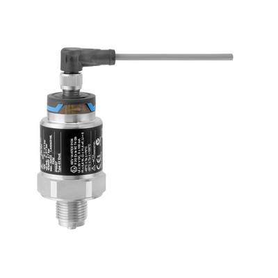 Ein Drucksensor mit Metallgehäuse und abgewinkeltem Kabelanschluss. Geeignet zur Messung von Flüssigkeits- oder Gasdruck.