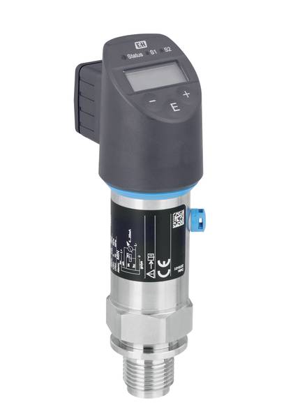 Drucksensor mit digitalem Display, Tastenbedienung und Metallgehäuse. Zeigt Statusanzeigen S1 und S2, geeignet für industrielle Anwendungen.