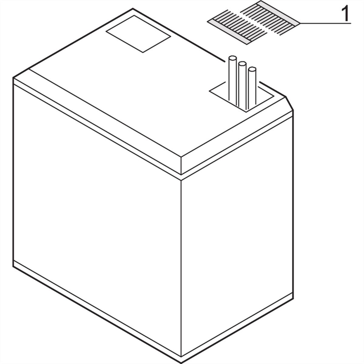 Das Bild zeigt eine schematische Darstellung einer Box mit drei nach oben ragenden Stäben. Oben rechts befindet sich ein Element mit der Nummer '1'.