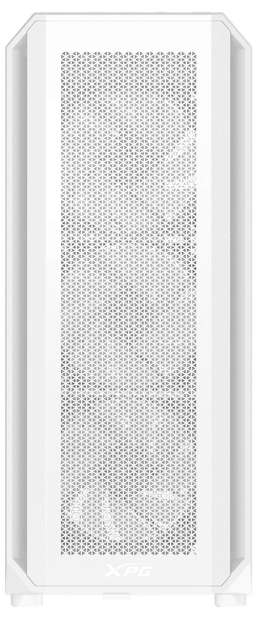 Ein weißes Computergehäuse mit einem perforierten Frontpanel, das für optimale Luftzirkulation sorgt. Ideal für leistungsstarke PCs.