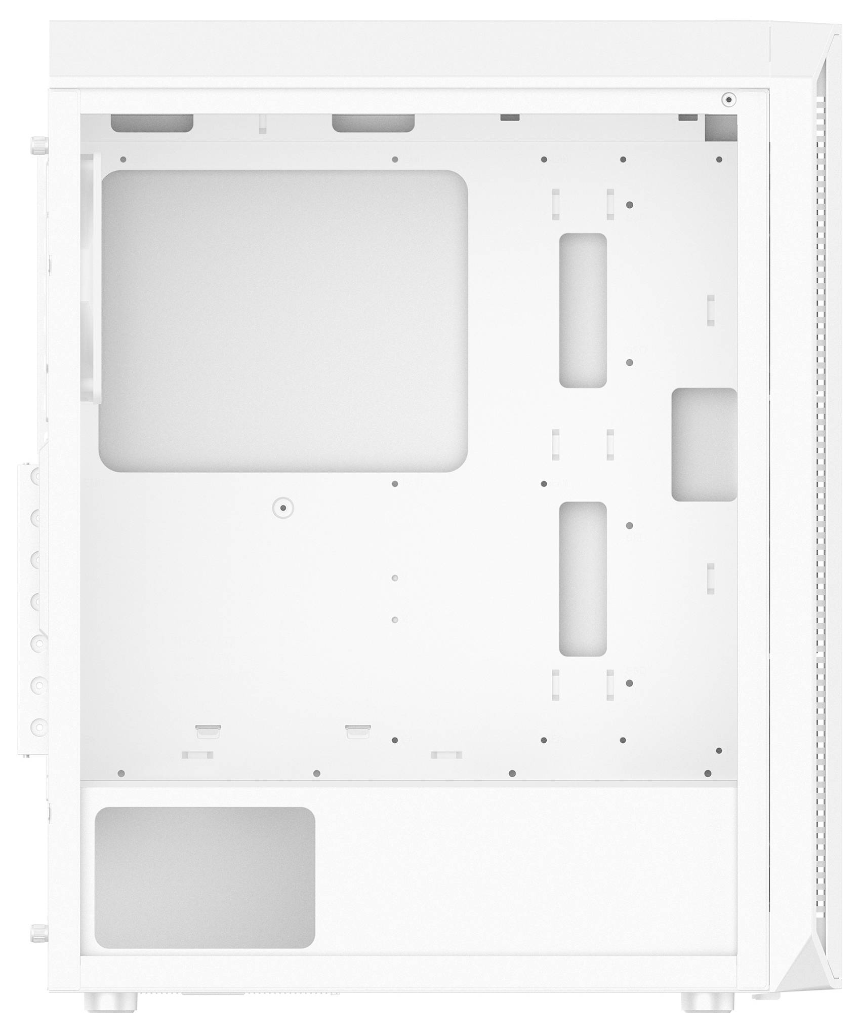 Weißes PC-Gehäuse ohne Bauteile, Vorderansicht. Enthält Öffnungen für Lüfter und Kabelmanagement, ideal für Computerselbstbau.