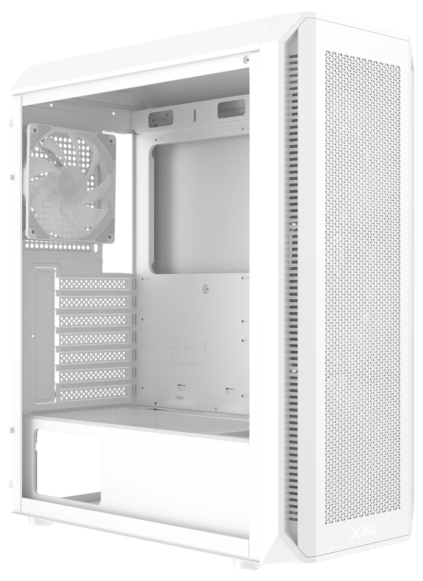 Weißes Computergehäuse mit offenem Innenraum, sieben Erweiterungssteckplätzen und einem montierten Lüfter an der Rückseite.