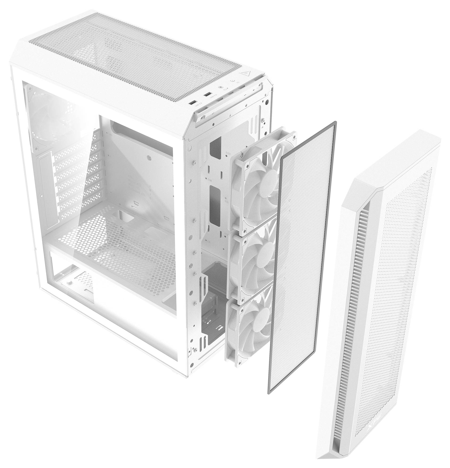 Ein weißes Computergehäuse mit abgenommener Seitenwand. Drei Lüfter sind an der Vorderseite befestigt und die Gehäuserückseite ist zu sehen.