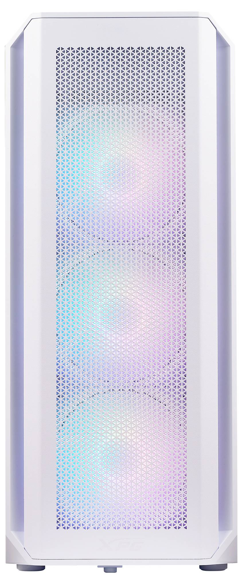 Weißes Computergehäuse mit drei sichtbaren Lüftern, die in verschiedenen Farben leuchten.