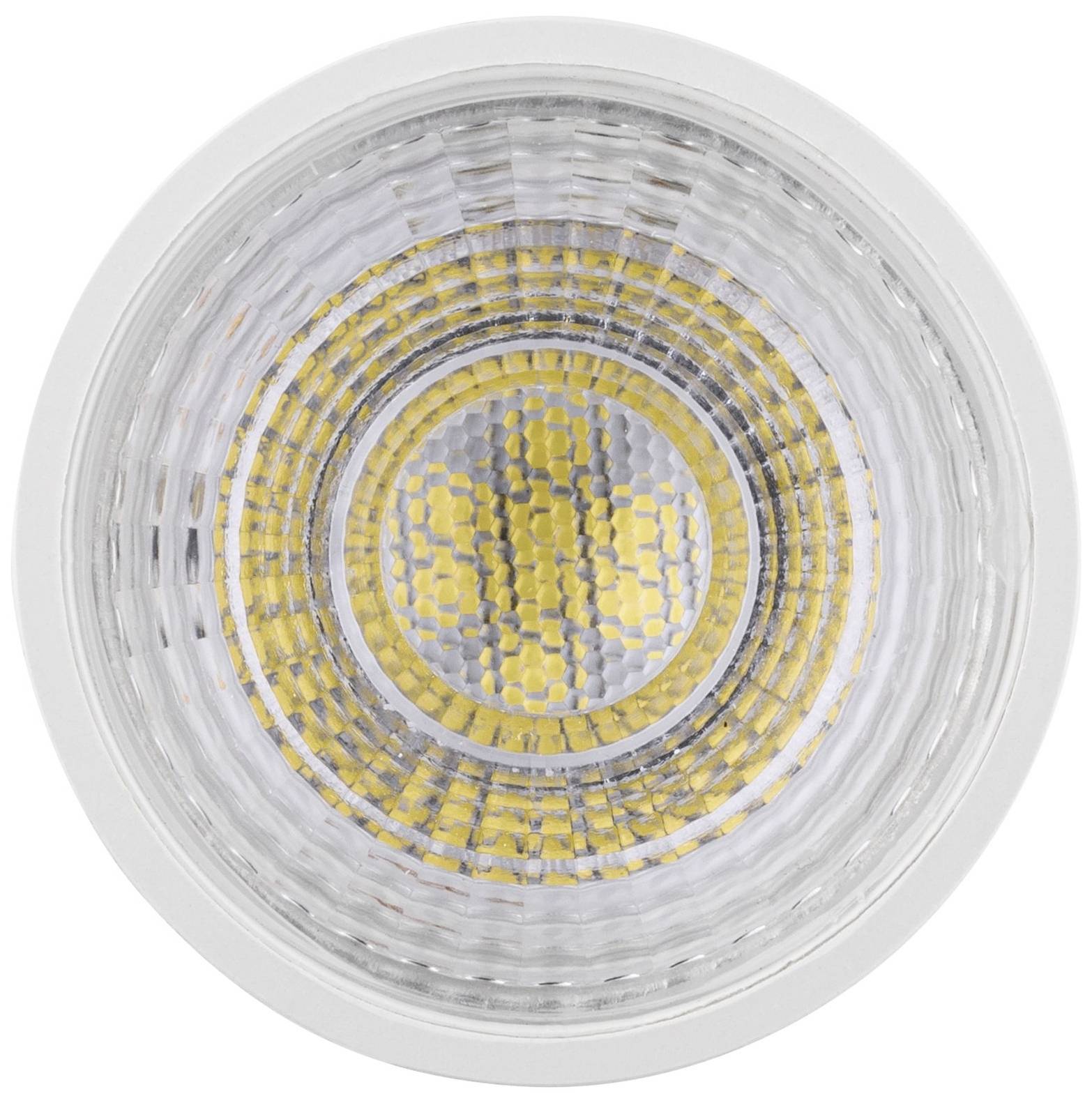 Nahaufnahme einer LED-Leuchte, die ringförmig angeordnet ist. Sie zeigt die typischen Strukturen und Farben einer LED-Lampe.