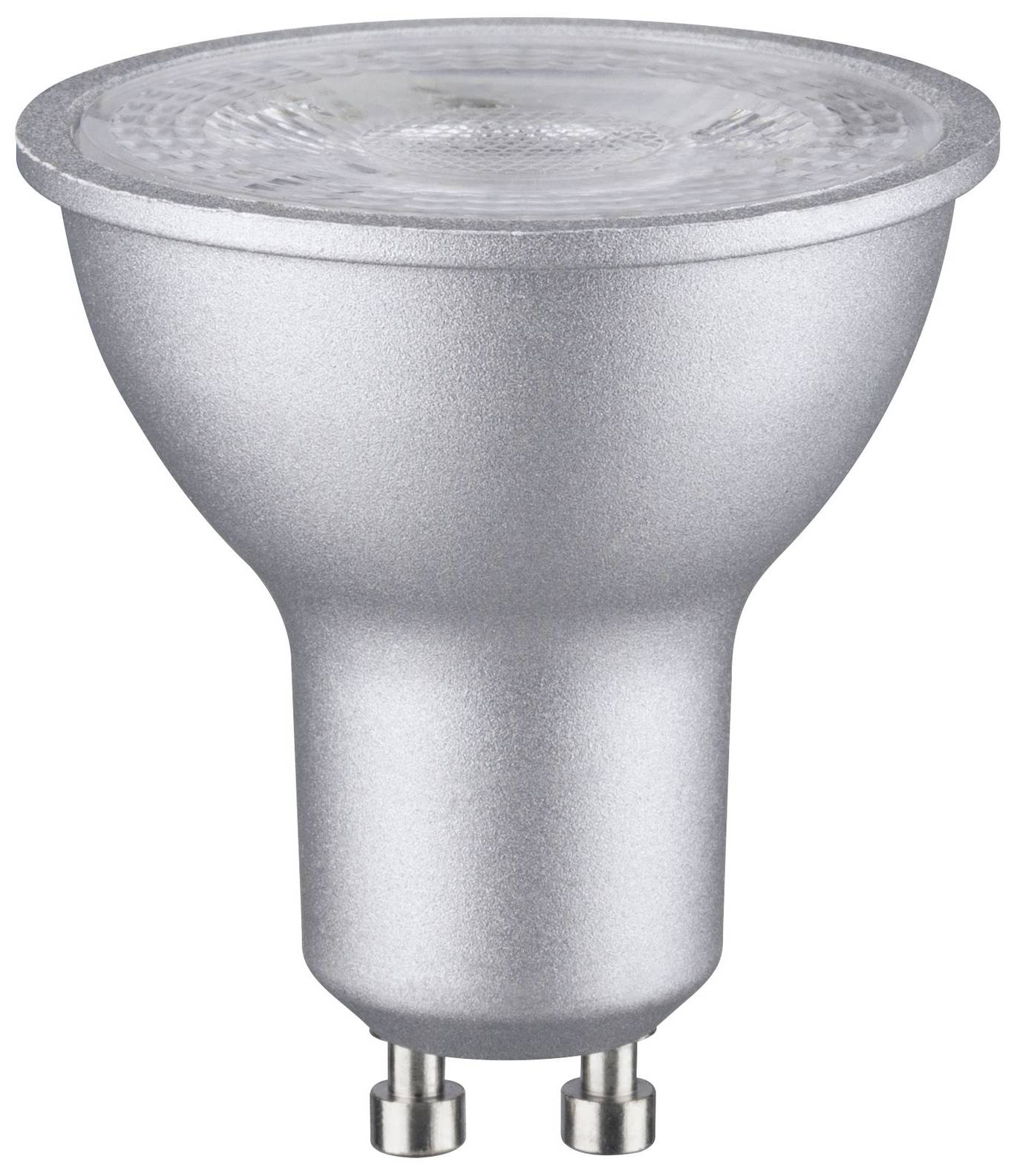 'LED-Lampe mit silbernem Gehäuse und GU10-Sockel, geeignet für den Einsatz in Strahlern und zur energieeffizienten Beleuchtung.'