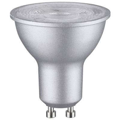 'LED-Lampe mit silbernem Gehäuse und GU10-Sockel, geeignet für den Einsatz in Strahlern und zur energieeffizienten Beleuchtung.'
