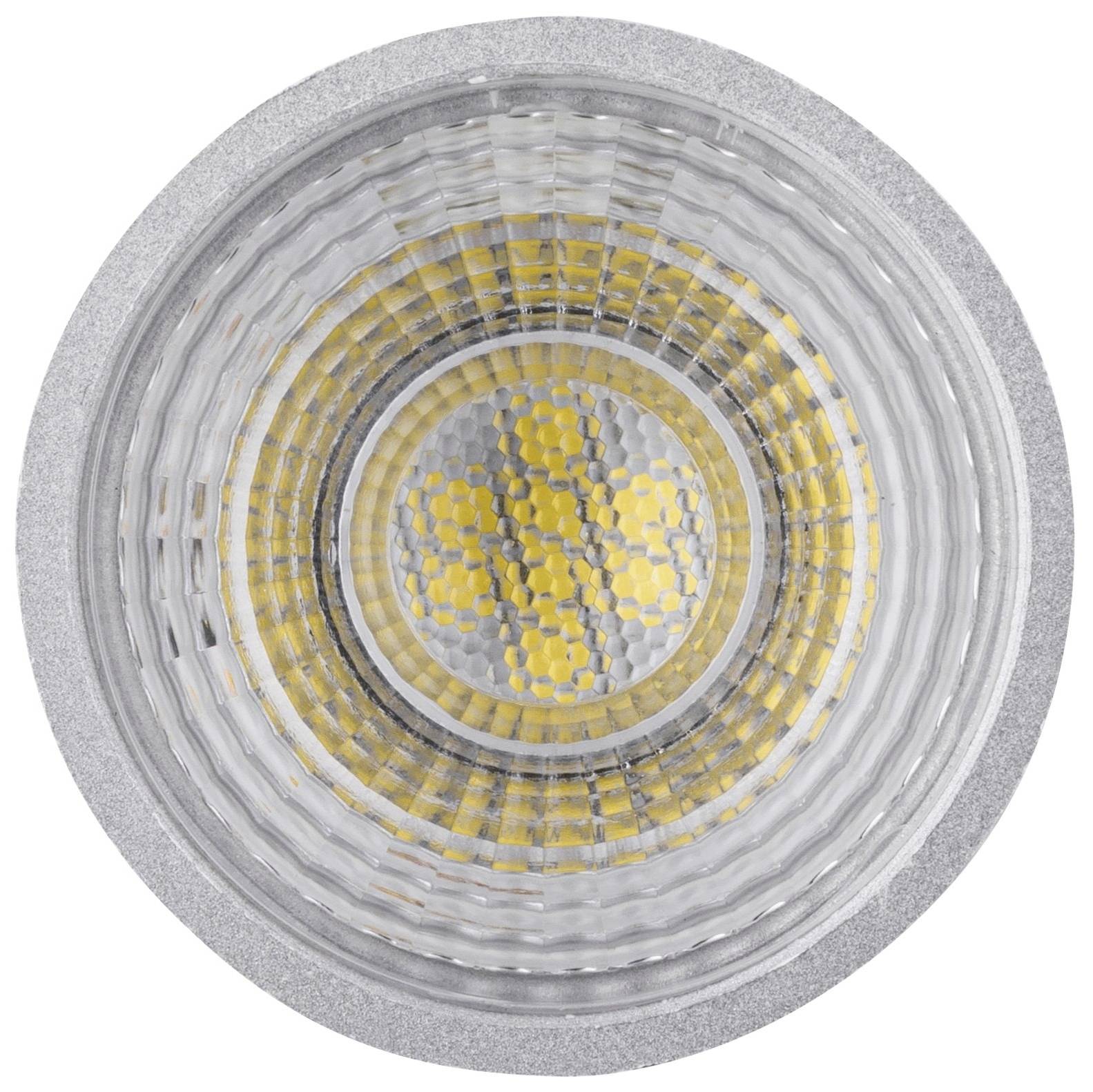 Nahaufnahme eines runden LED-Lichts von oben. Sichtbar sind die gelben LED-Matrixmuster in einem silbernen Rahmen.