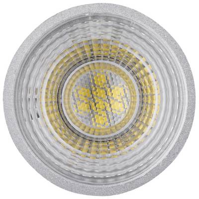 Nahaufnahme eines runden LED-Lichts von oben. Sichtbar sind die gelben LED-Matrixmuster in einem silbernen Rahmen.