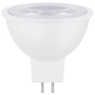 Eine weiße LED-Lampe mit GU5.3-Sockel ist abgebildet. Sie hat eine runde Form und ist für den Einsatz in Einbaustrahlern geeignet.