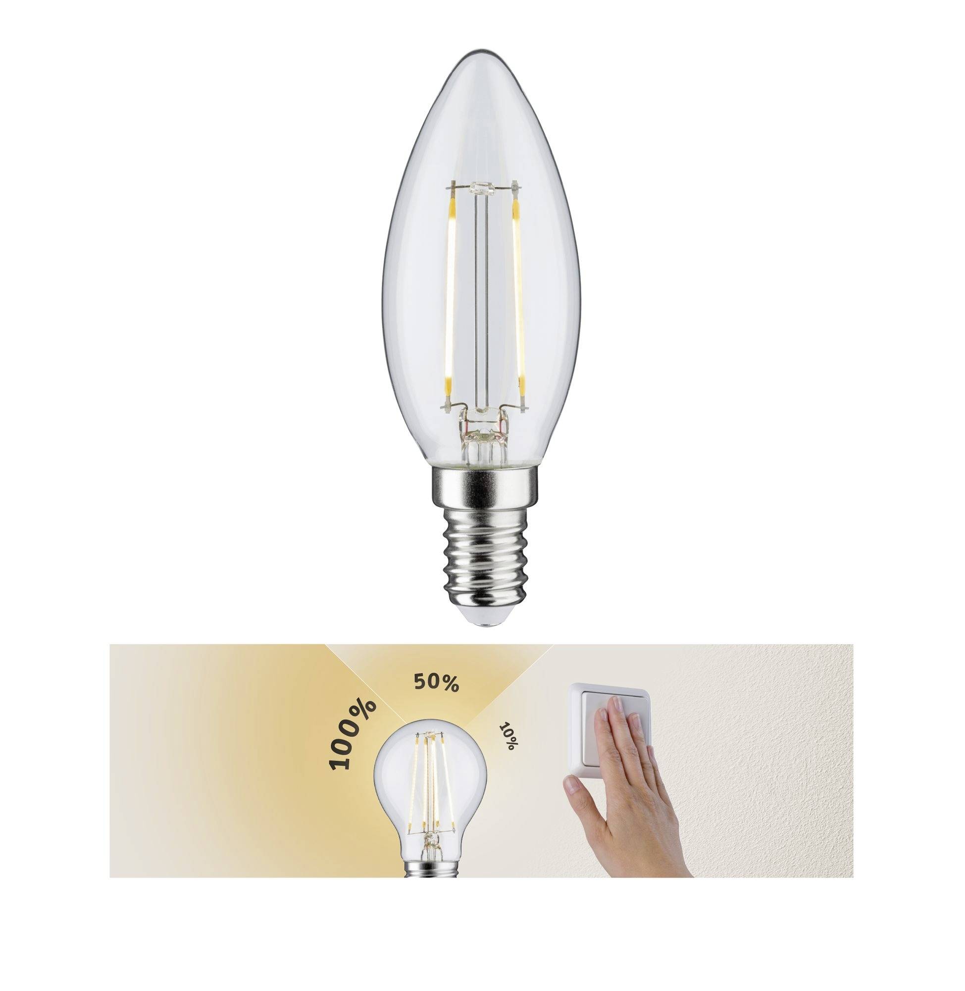 'LED-Glühbirne' und 'Dimmschalter'. Diagramm zeigt Helligkeitsstufen: 100%, 50%, 20%, geregelt durch Hand auf Schalter.