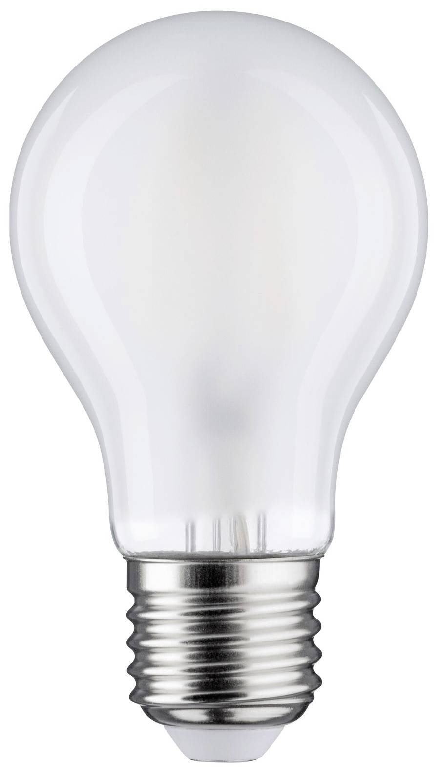 Eine Glühbirne mit Metallfassung, vertikal ausgerichtet.