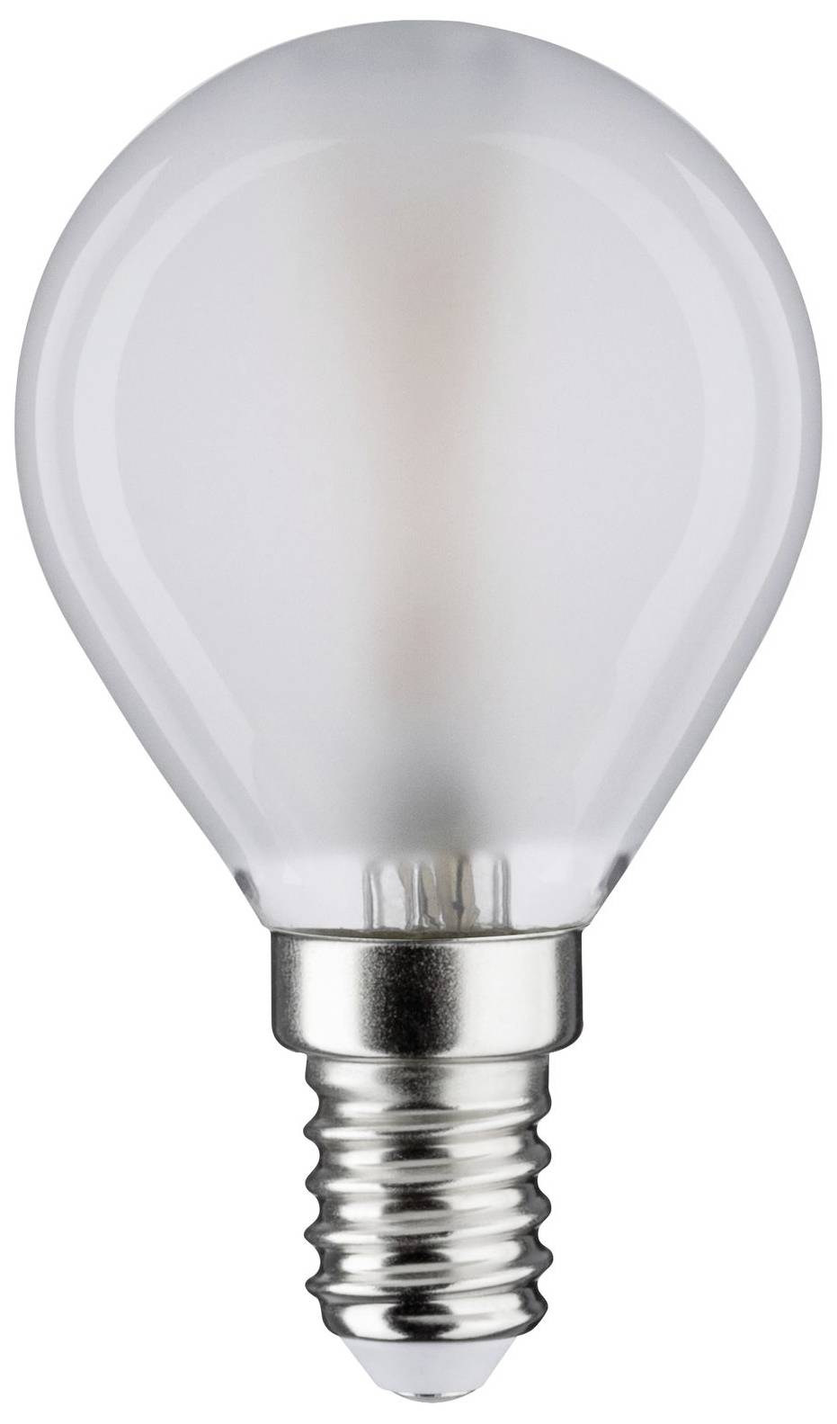 Eine matte, runde Glühbirne mit Schraubsockel, vor einem neutralen Hintergrund.